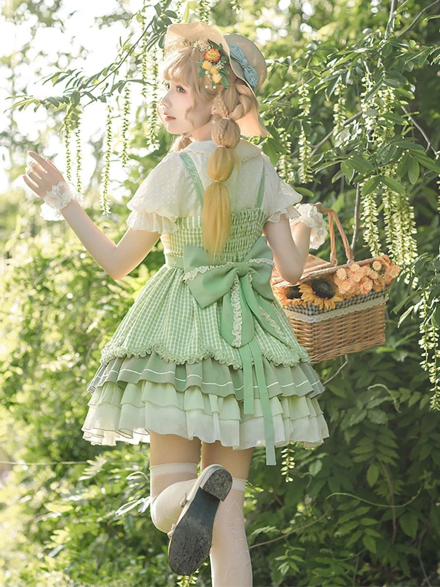 Sweet Lolita Outfits Green Bow Short Sleeves Jumper Apron - Image 5