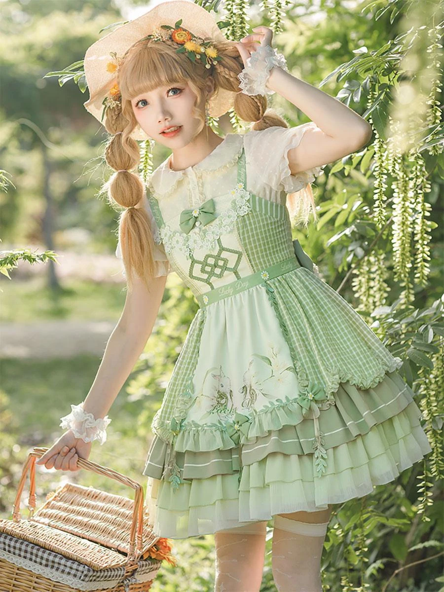 Sweet Lolita Outfits Green Bow Short Sleeves Jumper Apron - Image 4