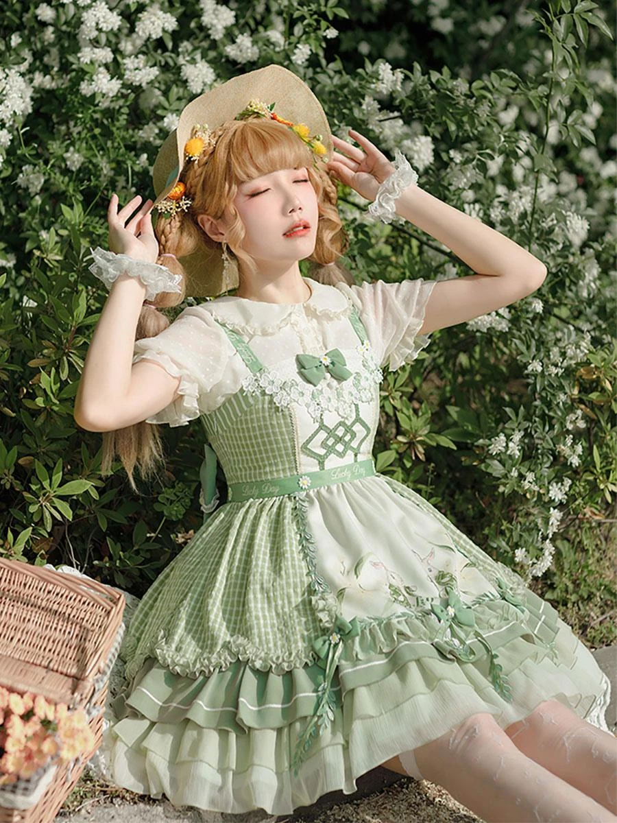 Sweet Lolita Outfits Green Bow Short Sleeves Jumper Apron - Image 3