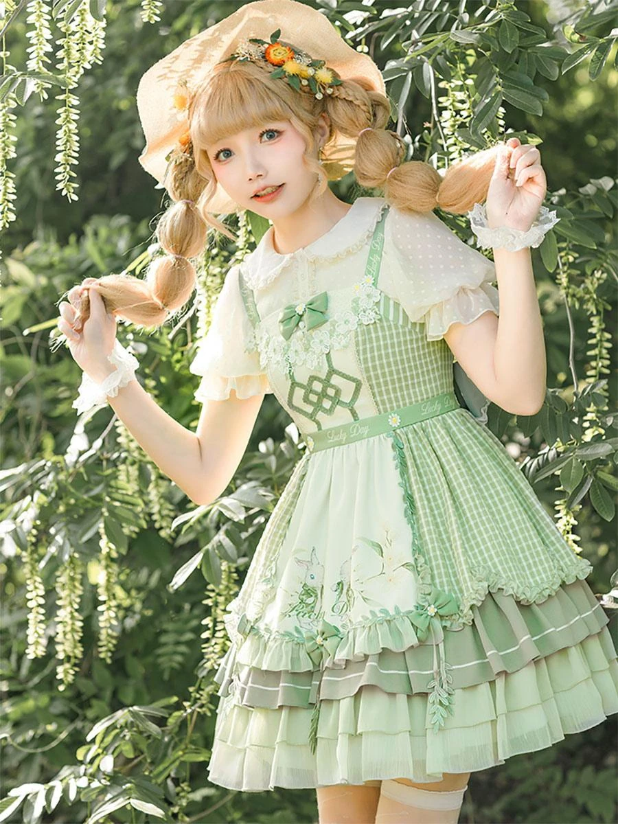 Sweet Lolita Outfits Green Bow Short Sleeves Jumper Apron - Image 2