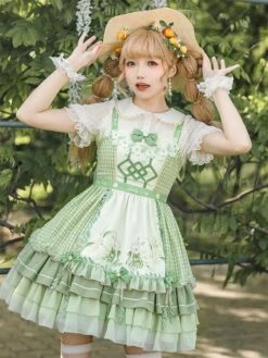 Sweet Lolita Outfits Green Bow Short Sleeves Jumper Apron