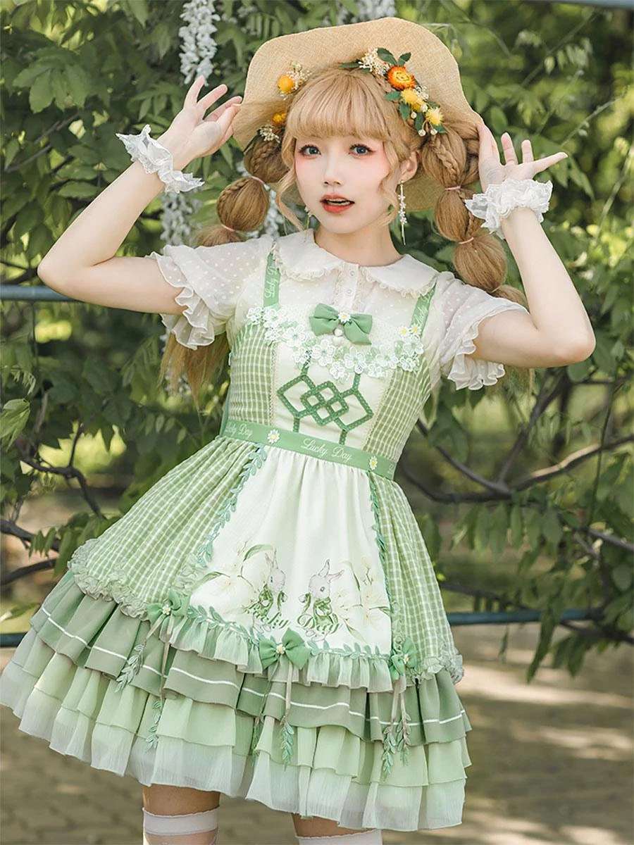 Sweet Lolita Outfits Green Bow Short Sleeves Jumper Apron