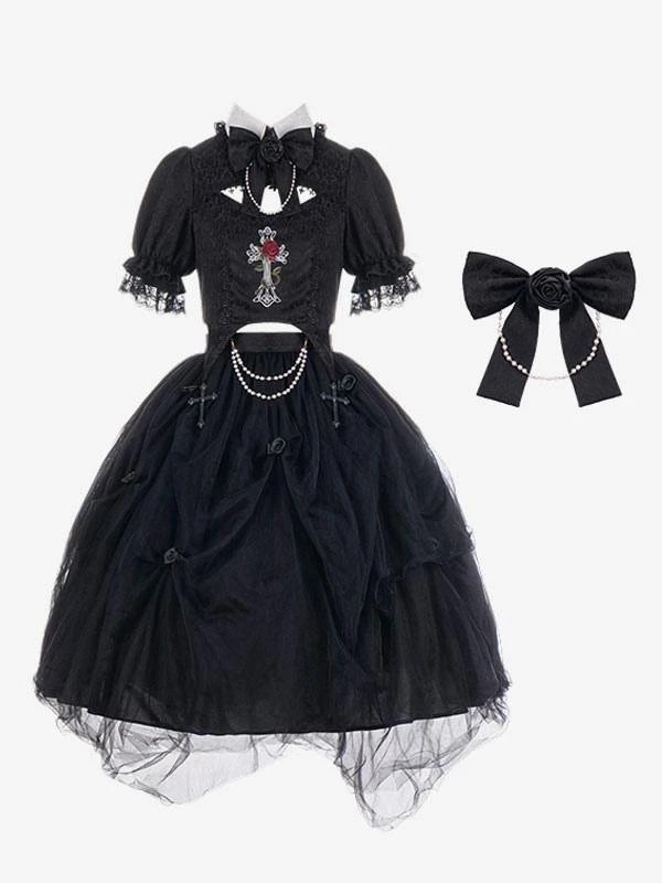 Steampunk Lolita Outfits Black Lace Ruffles Short Sleeves Skirt Top - Image 9