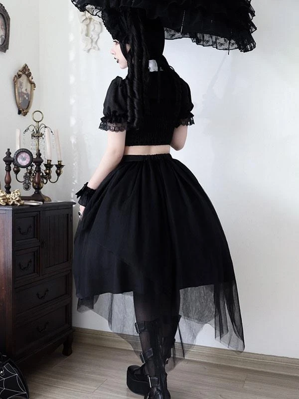 Steampunk Lolita Outfits Black Lace Ruffles Short Sleeves Skirt Top - Image 7