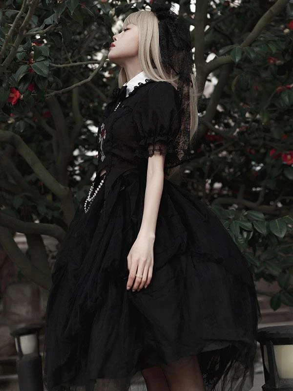 Steampunk Lolita Outfits Black Lace Ruffles Short Sleeves Skirt Top - Image 6