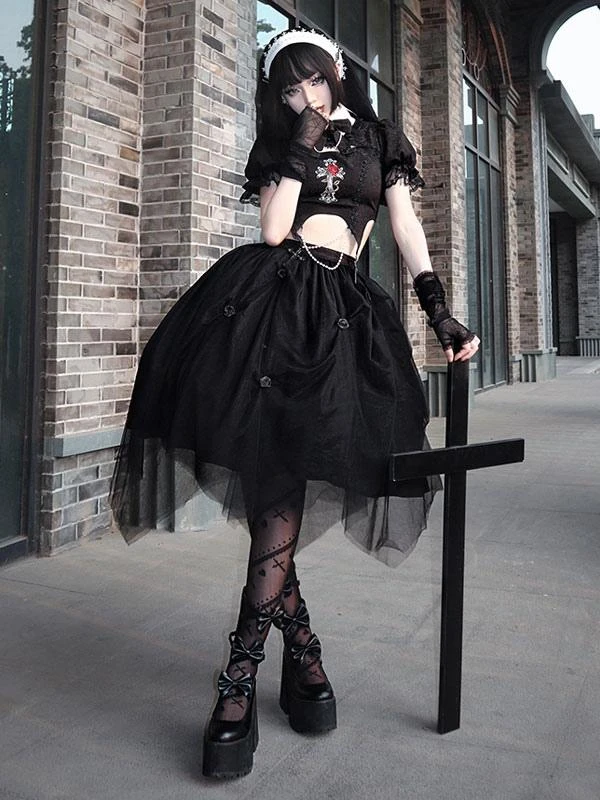 Steampunk Lolita Outfits Black Lace Ruffles Short Sleeves Skirt Top - Image 4