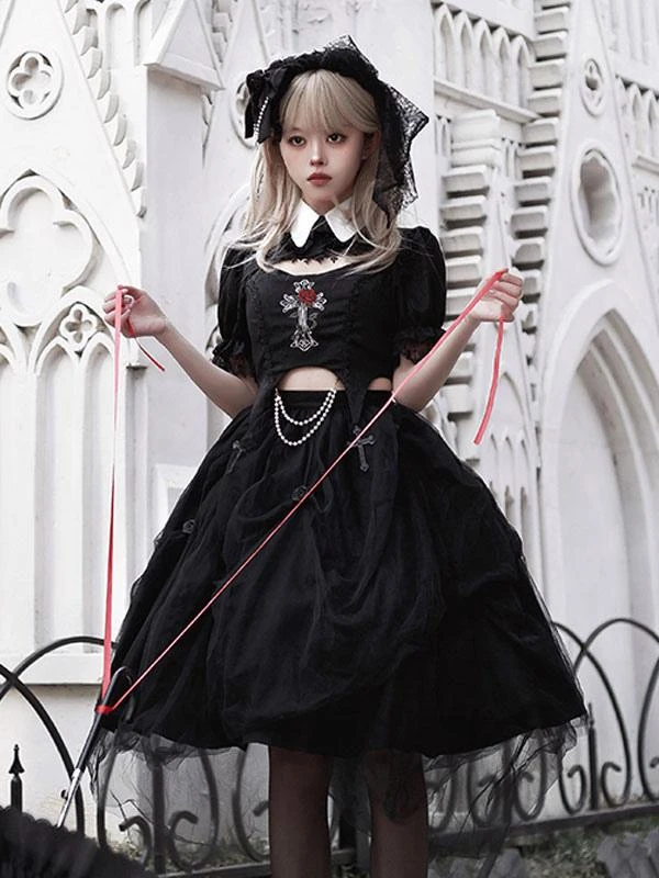 Steampunk Lolita Outfits Black Lace Ruffles Short Sleeves Skirt Top - Image 2