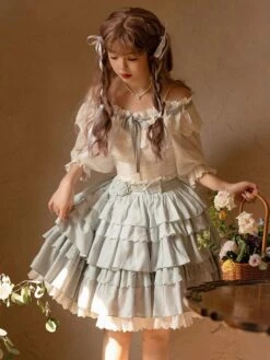 Academic Lolita Outfits Light Sky Blue Ruffles Lace Short Sleeves Top Skirt