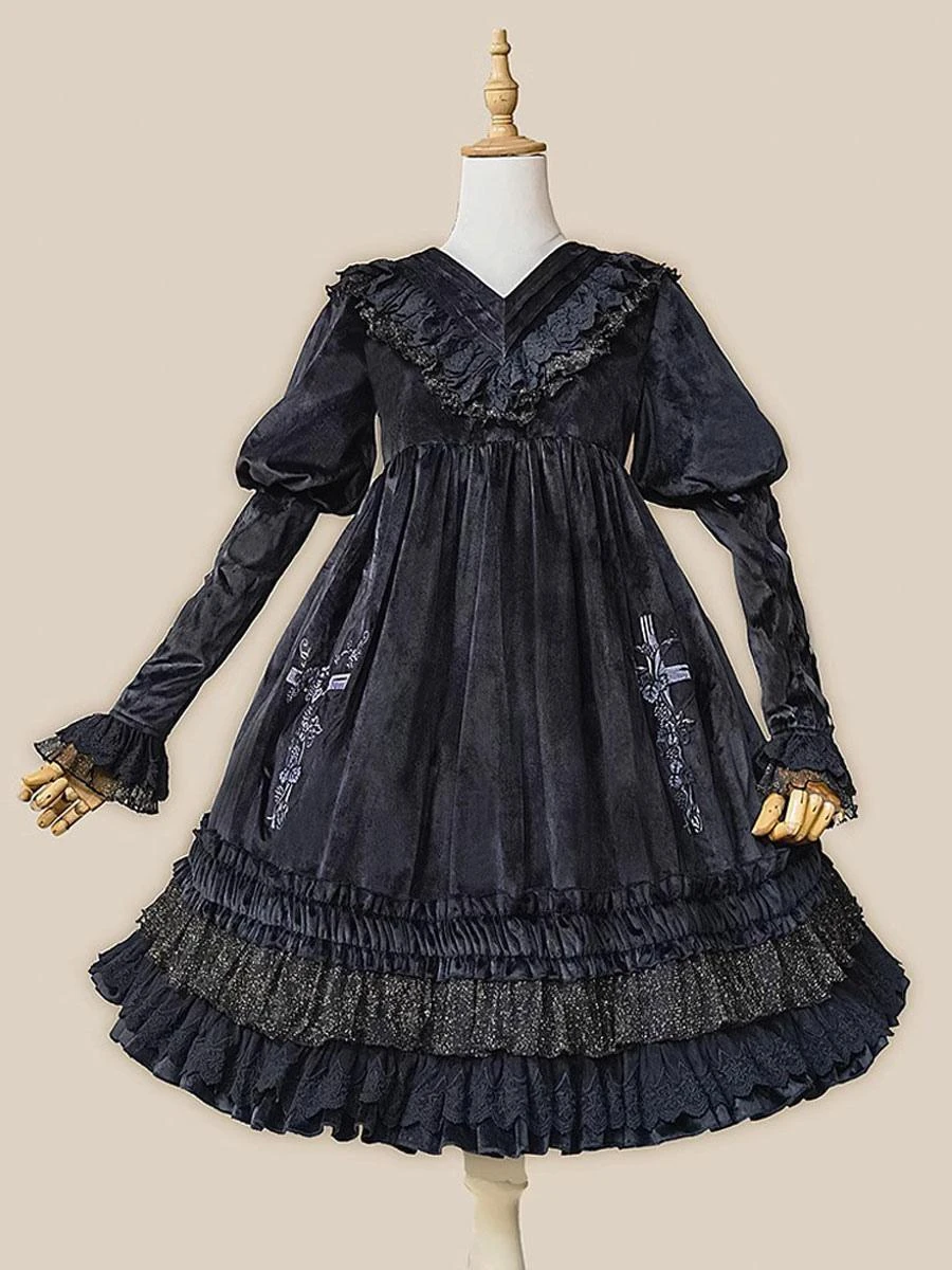 Classical Lolita Dress Velour Long Sleeves Black Lolita Dresses - Image 9