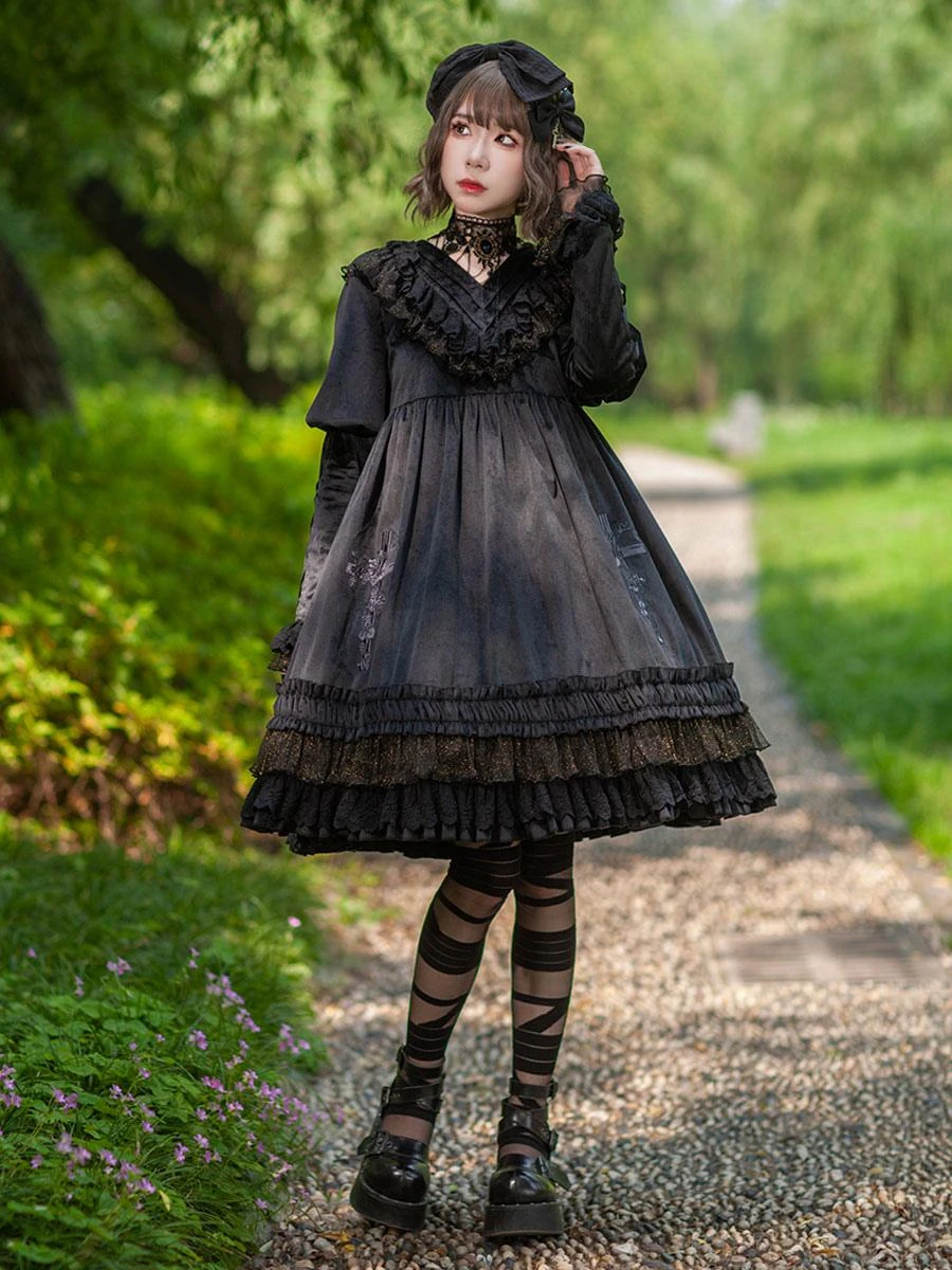 Classical Lolita Dress Velour Long Sleeves Black Lolita Dresses - Image 3