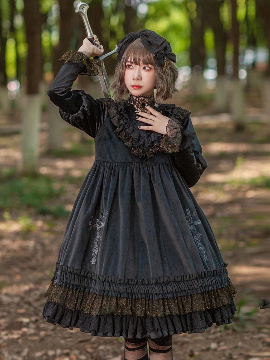 Classical Lolita Dress Velour Long Sleeves Black Lolita Dresses - Image 2