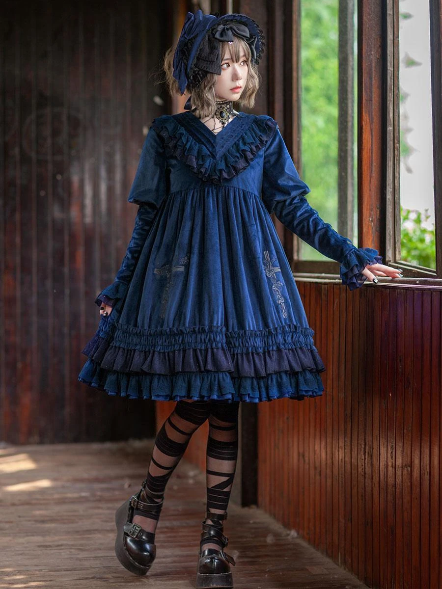 Classical Lolita Dress Velour Long Sleeves Black Lolita Dresses - Image 8