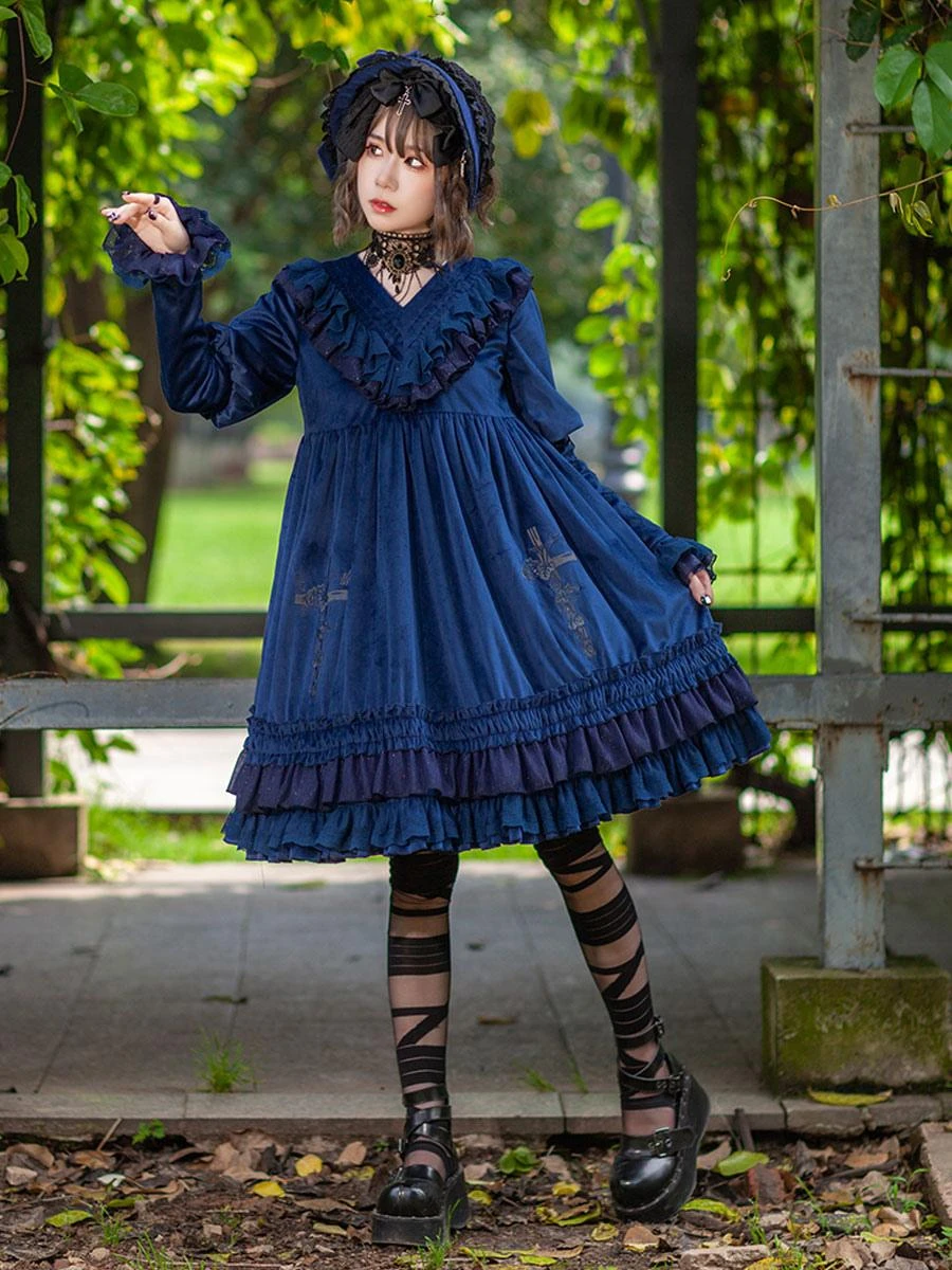 Classical Lolita Dress Velour Long Sleeves Black Lolita Dresses - Image 6