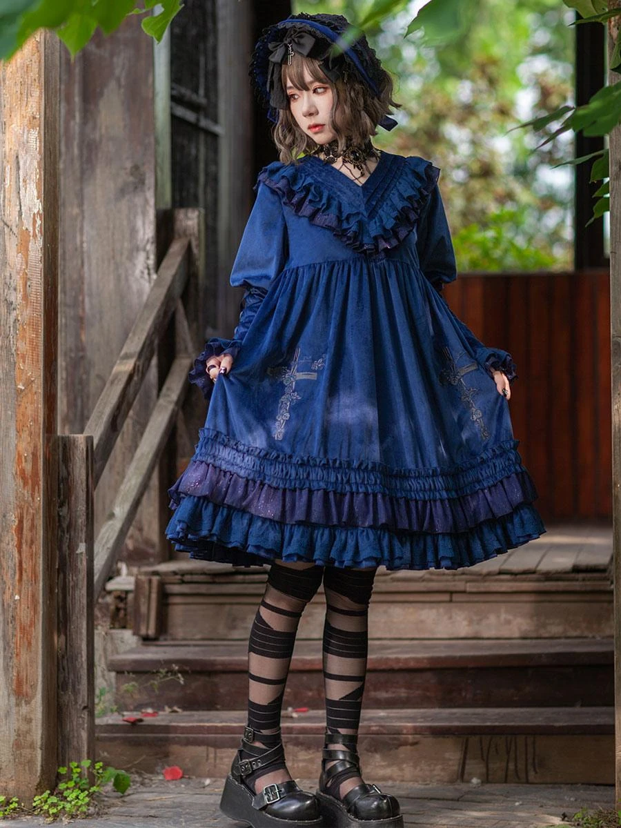Classical Lolita Dress Velour Long Sleeves Black Lolita Dresses - Image 5