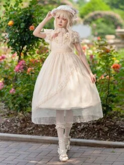 Classical Lolita Dress Bright Silk Chiffon Short Sleeves Light Apricot Dresses