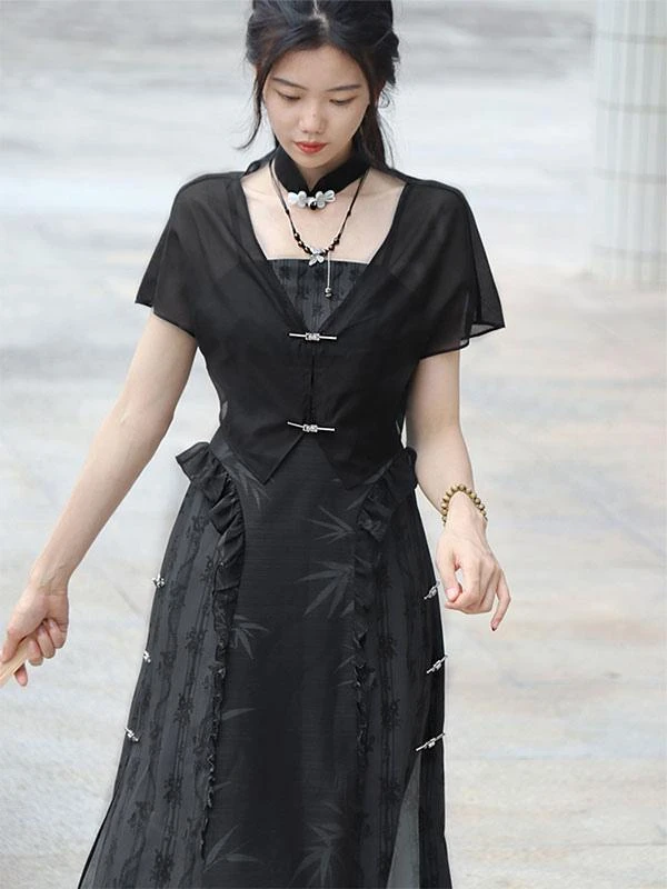 Chinese Style Lolita Outfits Black Sleeveless Overcoat Oversleeves Accessory