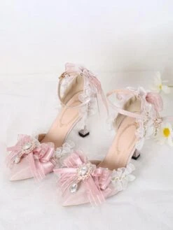 Sweet Lolita Sandals Bows Ruffles Rhinestones Pointed Toe Bow Elastic Fabric Pink Lolita Summer Shoes