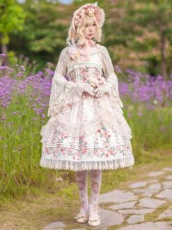 Classical Lolita Dress Cotton Sleeveless Floral Print Lolita Dresses Light Apricot