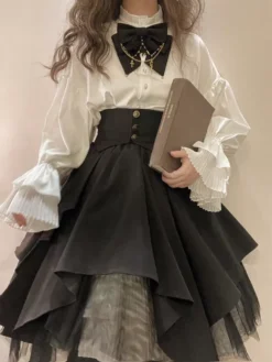 Steampunk Lolita Outfits Black Pleated Long Sleeves Skirt Top