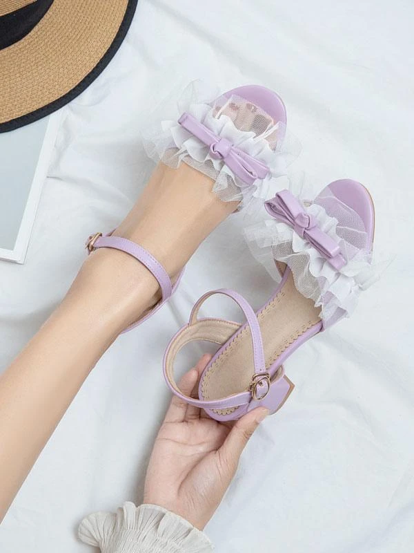 Sweet Lolita Sandals Ruffles Bows Round Toe PU Leather Purple Lolita Summer Shoes - Image 6