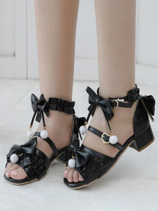 ROCOCO Style Lolita Sandals Ecru White Bows Pleated PU Leather Square Toe Lolita Summer Shoes - Image 7
