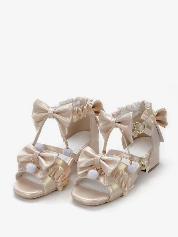 ROCOCO Style Lolita Sandals Ecru White Bows Pleated PU Leather Square Toe Lolita Summer Shoes - Image 3
