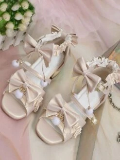 ROCOCO Style Lolita Sandals Ecru White Bows Pleated PU Leather Square Toe Lolita Summer Shoes