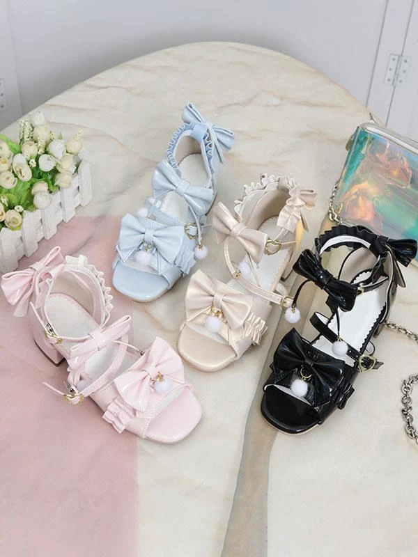 ROCOCO Style Lolita Sandals Ecru White Bows Pleated PU Leather Square Toe Lolita Summer Shoes - Image 9