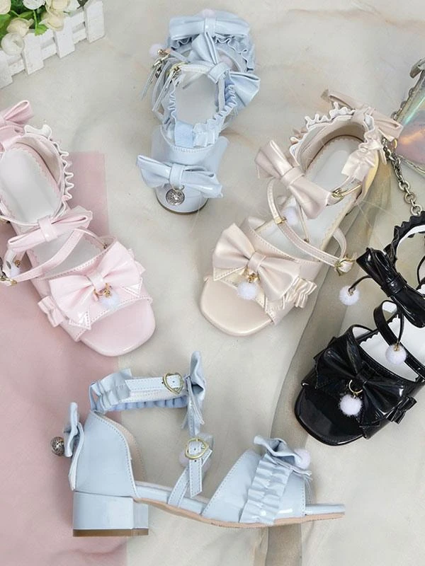 ROCOCO Style Lolita Sandals Ecru White Bows Pleated PU Leather Square Toe Lolita Summer Shoes - Image 8