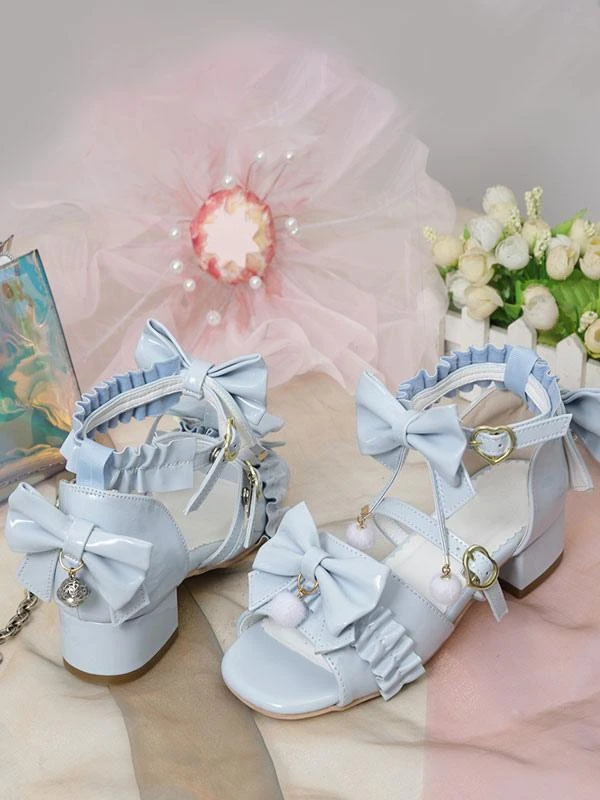 ROCOCO Style Lolita Sandals Ecru White Bows Pleated PU Leather Square Toe Lolita Summer Shoes - Image 4