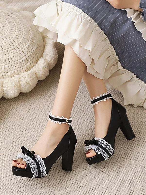 Sweet Lolita Sandals Black Bows Ruffles PU Leather Peep Toe Lolita Summer Shoes