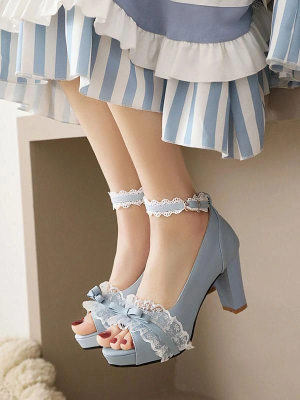 Sweet Lolita Sandals Black Bows Ruffles PU Leather Peep Toe Lolita Summer Shoes - Image 6