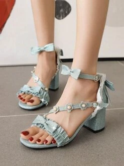 Sweet Lolita Sandals Flowers Bows Square Toe PU Leather Purple Lolita Summer Shoes