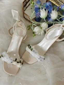 Sweet Lolita Sandals Bows Lace Pearls Round Toe PU Leather White Lolita Summer Shoes