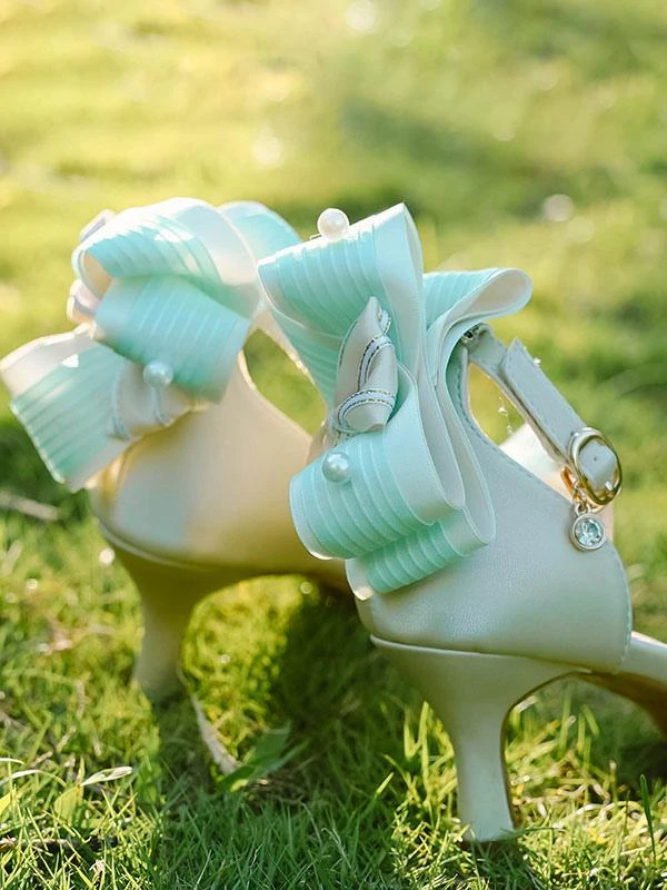 ROCOCO Style Lolita Sandals Green Bows PU Leather Pointed Toe Lolita Summer Shoes - Image 4