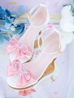 ROCOCO Style Lolita Sandals Black+Red Bows PU Leather Pointed Toe Lolita Summer Shoes