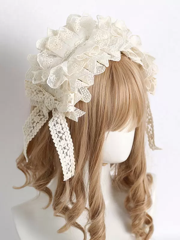 Sweet Lolita Accessories Ecru White Ruffles Bows Lace Polyester Headwear Miscellaneous - Image 2