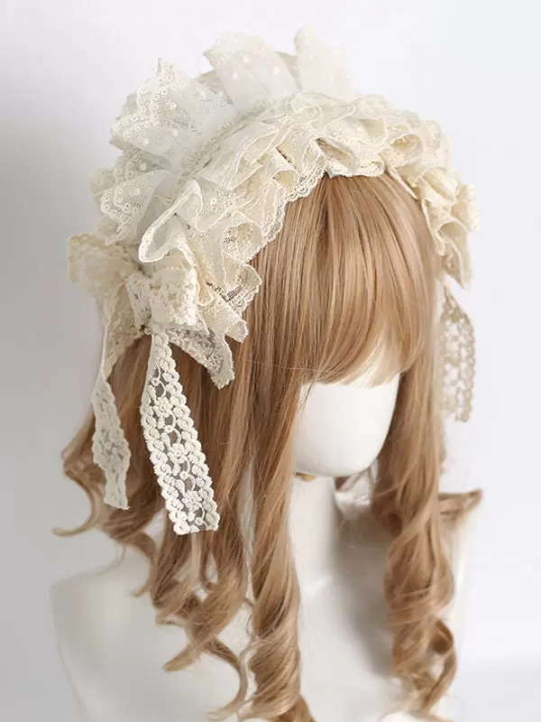 Sweet Lolita Accessories Ecru White Ruffles Bows Lace Polyester Headwear Miscellaneous