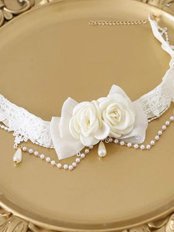 Sweet Lolita Accessories Ecru White Pearls Rose Choker Miscellaneous - Image 3