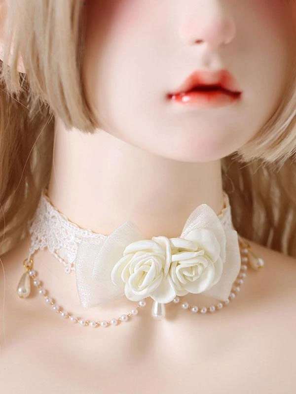 Sweet Lolita Accessories Ecru White Pearls Rose Choker Miscellaneous - Image 2