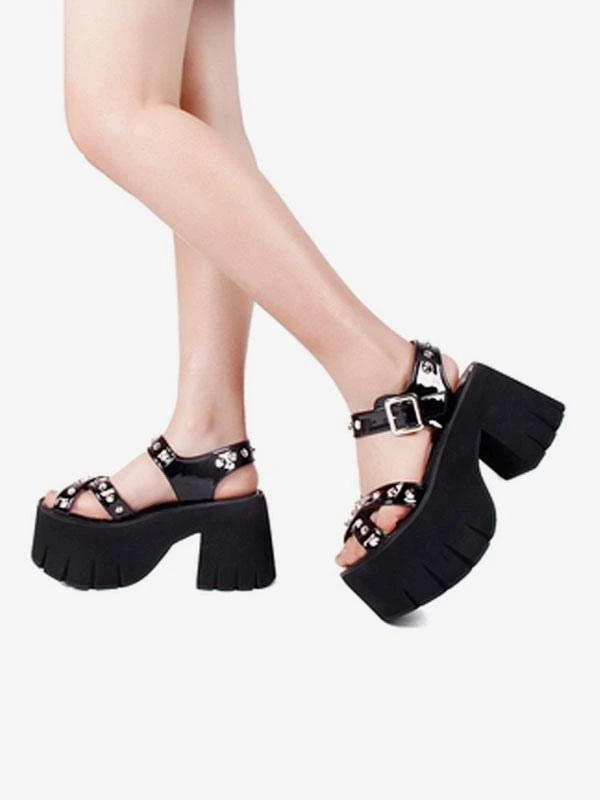Gothic Lolita Sandals Rivets Round Toe Patent PU Upper Black Lolita Summer Shoes - Image 3