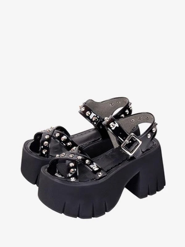 Gothic Lolita Sandals Rivets Round Toe Patent PU Upper Black Lolita Summer Shoes - Image 5