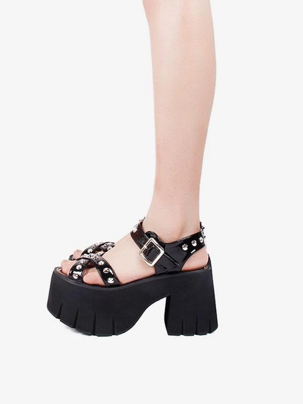 Gothic Lolita Sandals Rivets Round Toe Patent PU Upper Black Lolita Summer Shoes - Image 6