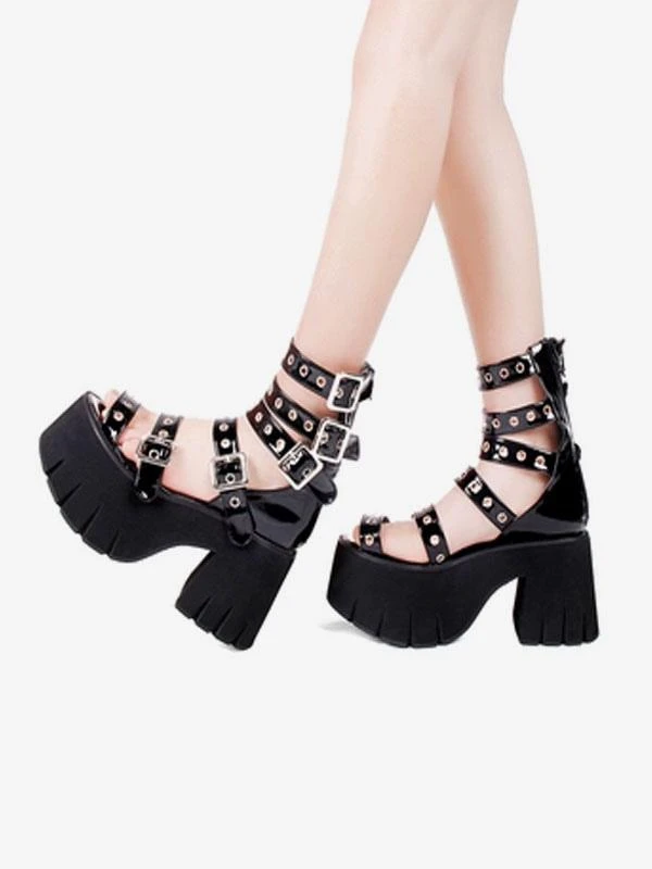 Gothic Lolita Sandals Peep Toe Patent PU Upper Black Lolita Summer Shoes - Image 3