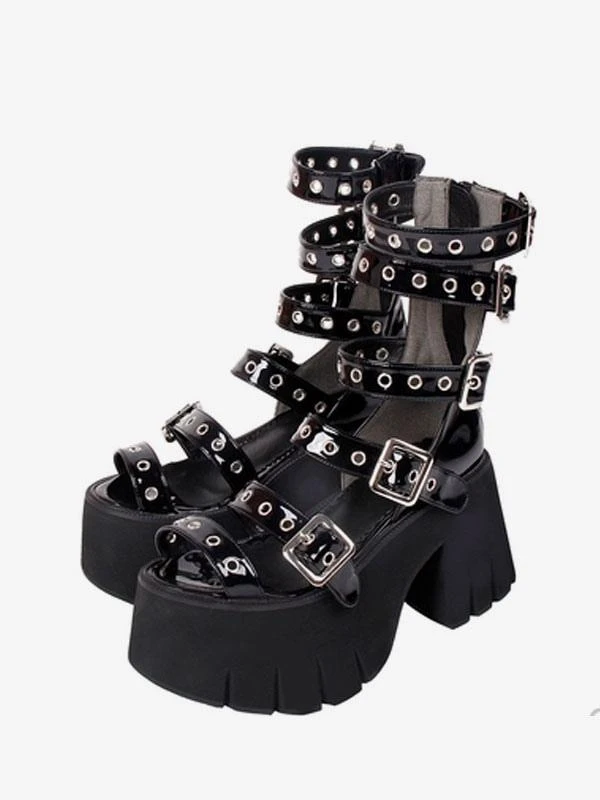 Gothic Lolita Sandals Peep Toe Patent PU Upper Black Lolita Summer Shoes - Image 4