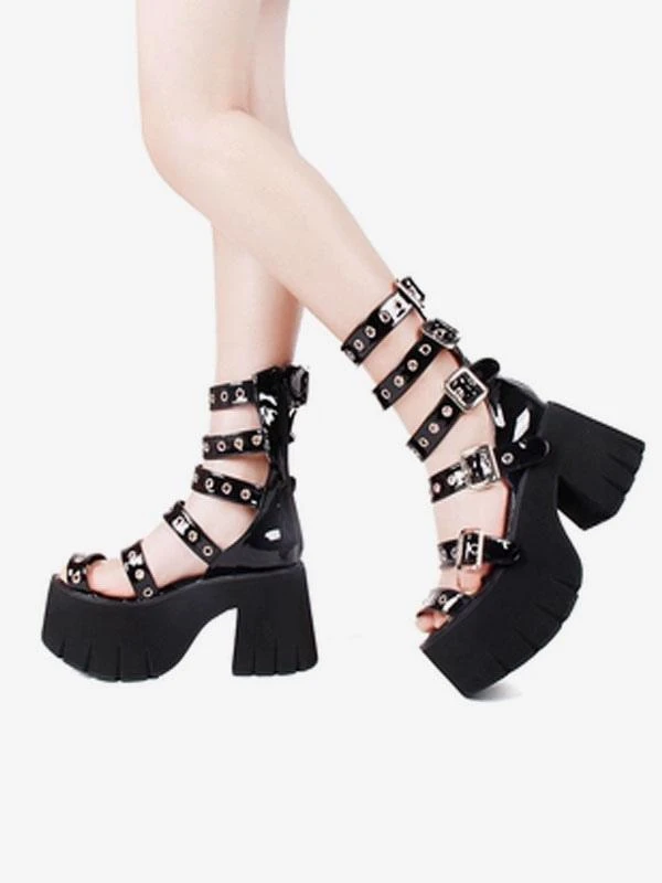 Gothic Lolita Sandals Peep Toe Patent PU Upper Black Lolita Summer Shoes - Image 5