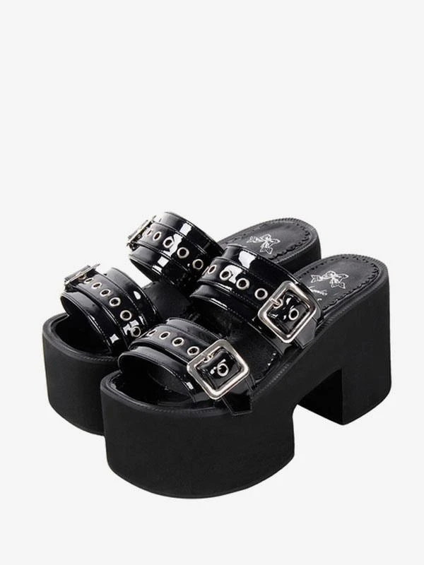 Gothic Lolita Sandals Black Patent PU Upper Round Toe Lolita Summer Shoes