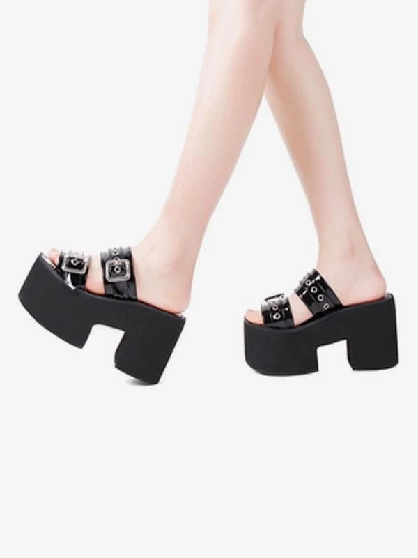 Gothic Lolita Sandals Black Patent PU Upper Round Toe Lolita Summer Shoes - Image 3