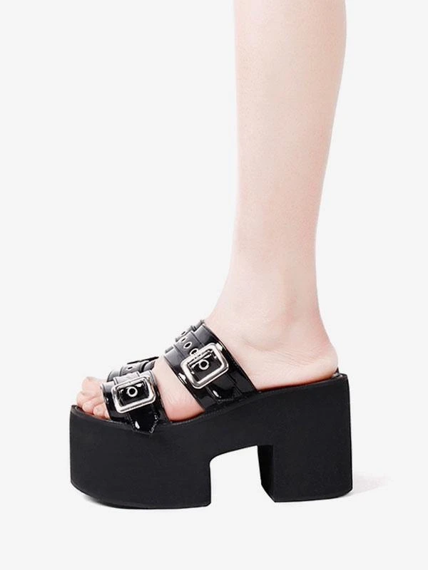 Gothic Lolita Sandals Black Patent PU Upper Round Toe Lolita Summer Shoes - Image 5