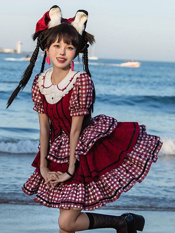 Sweet Lolita Outfits Red Plaid Bows Ruffles Short Sleeves Top Skirt